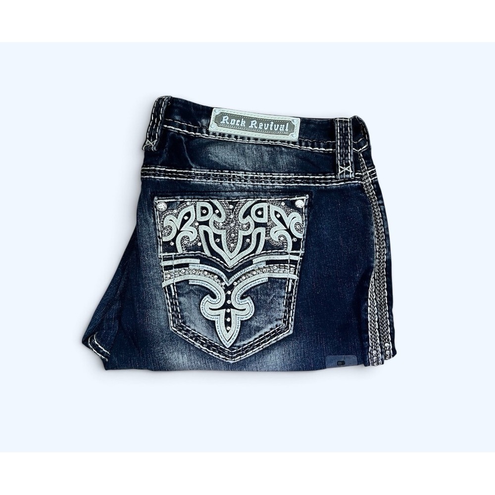 Rock Revival Jeans Nuri 36 Leather Inserts Mid-Rise Straight Bling Retro
